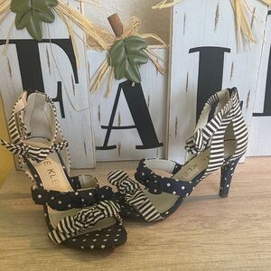 Anne Klein Blue and White Polka Dot and Striped Heels